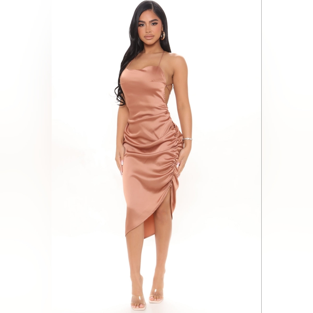 Fashion Nova Pure Heart Satin Midi Dress - Brown